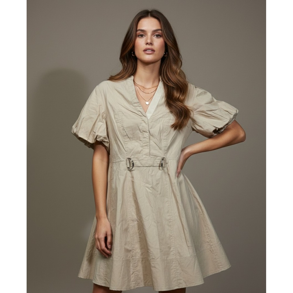 Derek Lam 10 Crosby Women's Size 6 Khaki Short‎ Puff Sleeve V-Neck Mini Dress